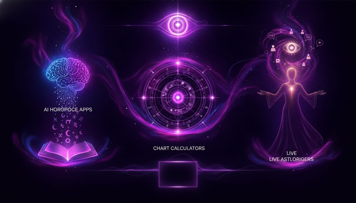 The Three Categories: AI Horoscope Apps, Chart Calculators, and Live Astrologers The Three Categories: AI Horoscope Apps, Chart Calculators, and Live Astrologers illustration